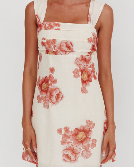 Beige Pleat Mini Dress Floral
