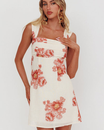 Beige Pleat Mini Dress Floral