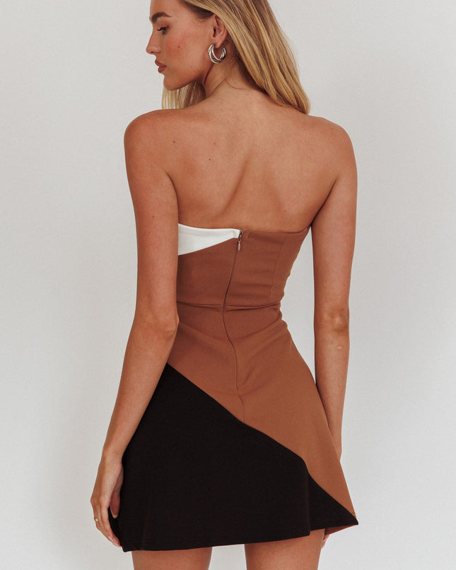 Multi Strapless Contrast Panels Mini Dress Tan