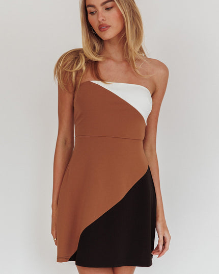 Multi Strapless Contrast Panels Mini Dress Tan