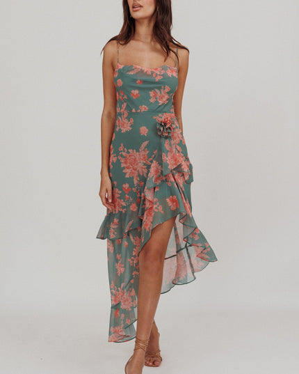 Mint Rosette Ruffle Midi Dress Floral
