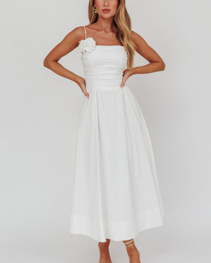 White A-Line Rosette Maxi Dress