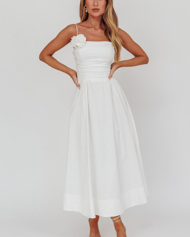 White A-Line Rosette Maxi Dress