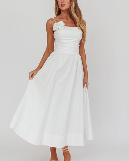 White A-Line Rosette Maxi Dress