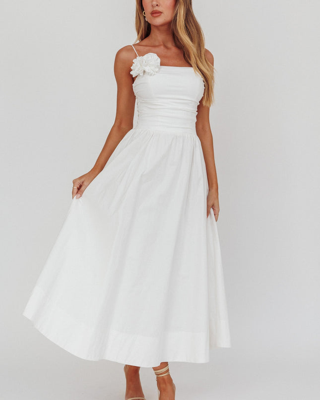 White A-Line Rosette Maxi Dress