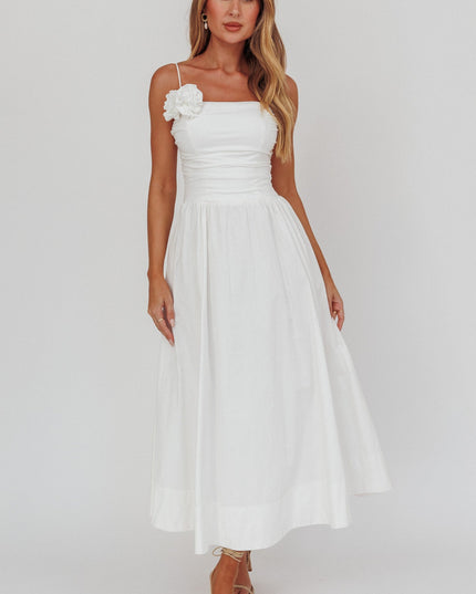 White A-Line Rosette Maxi Dress