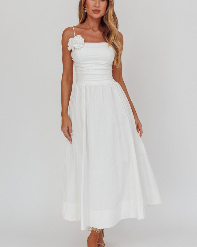 White A-Line Rosette Maxi Dress