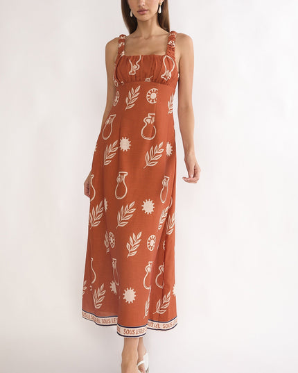 Tan Gathered Bust Maxi Dress Print