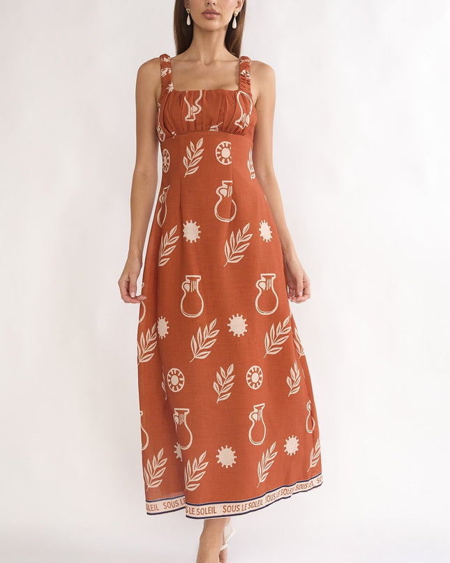 Tan Gathered Bust Maxi Dress Print