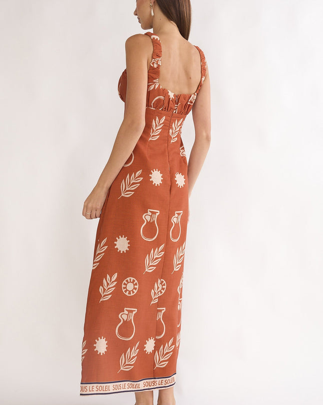 Tan Gathered Bust Maxi Dress Print
