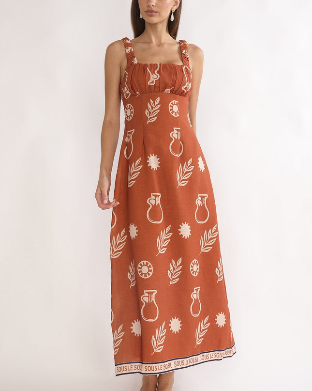 Tan Gathered Bust Maxi Dress Print
