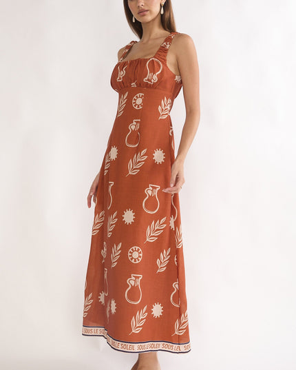 Tan Gathered Bust Maxi Dress Print