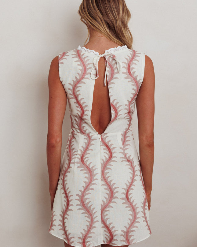 Oat Lace Trim Open Back Mini Dress Print