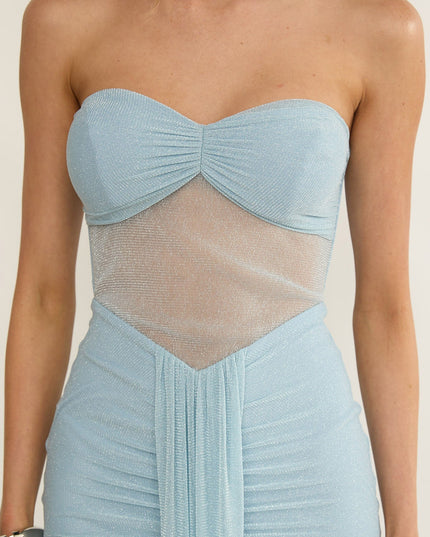 Ice Blue Bandeau Sheer Shimmer Maxi Dress