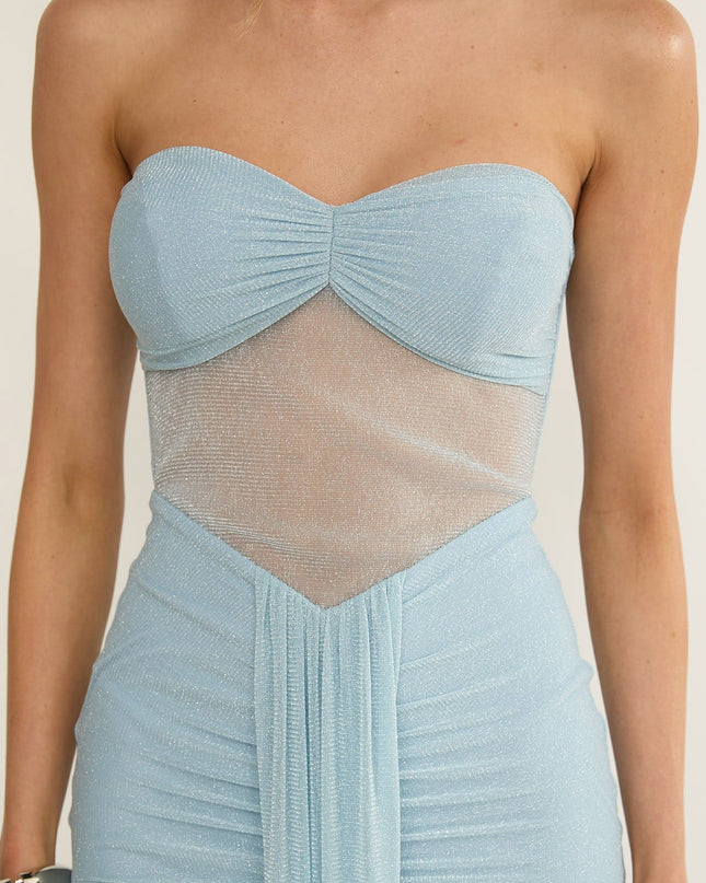 Ice Blue Bandeau Sheer Shimmer Maxi Dress
