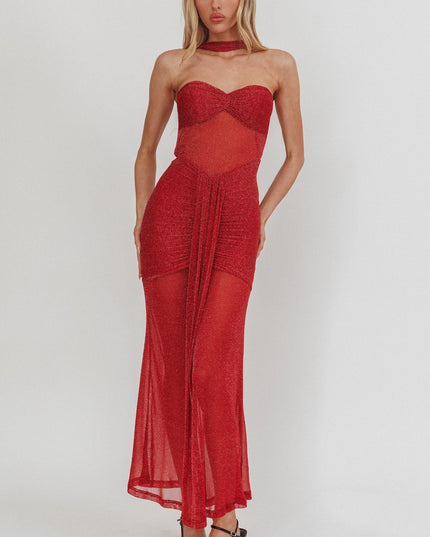 Red Bandeau Sheer Shimmer Maxi Dress
