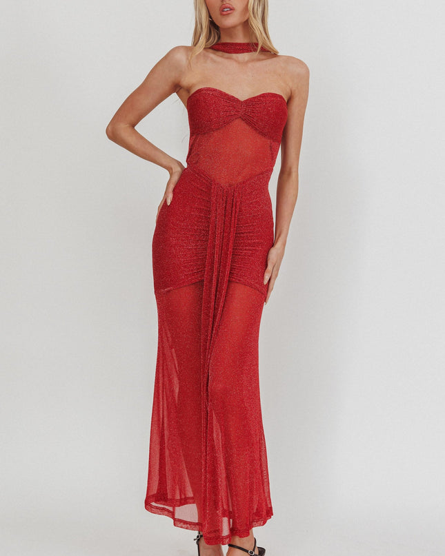 Red Bandeau Sheer Shimmer Maxi Dress
