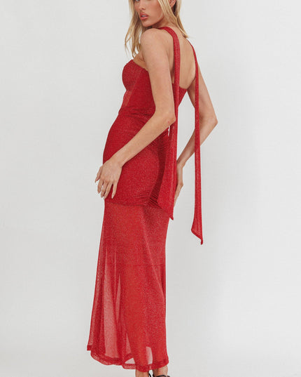 Red Bandeau Sheer Shimmer Maxi Dress