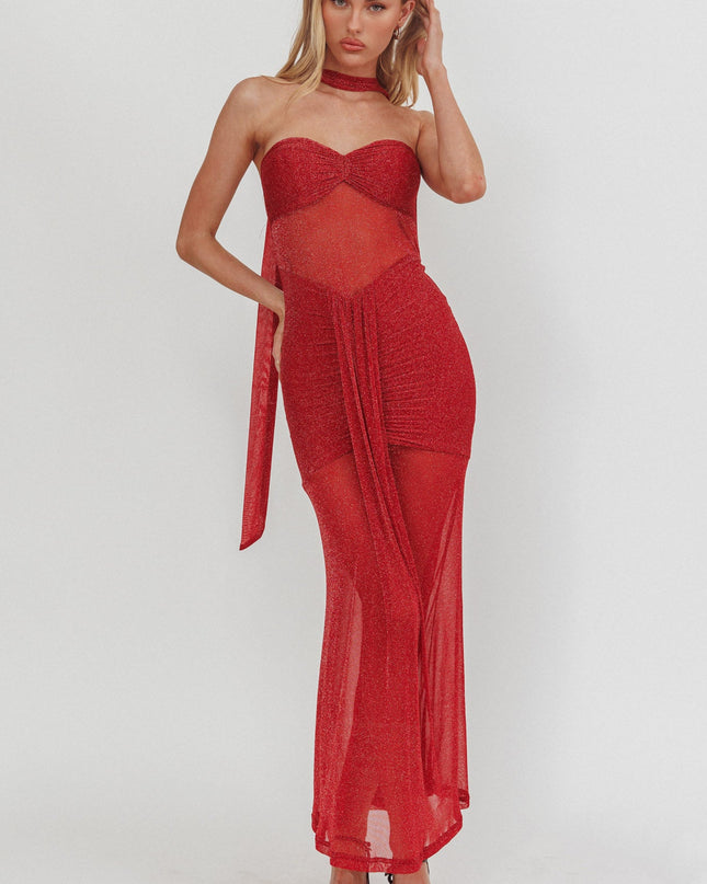 Red Bandeau Sheer Shimmer Maxi Dress