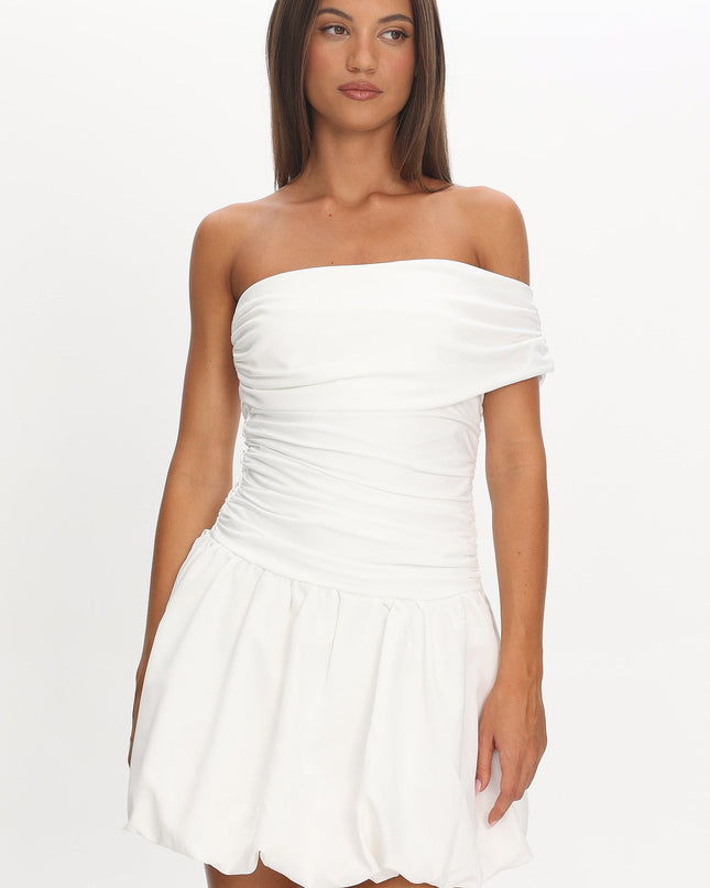 White One-Sleeve Balloon Skirt Mini Dress