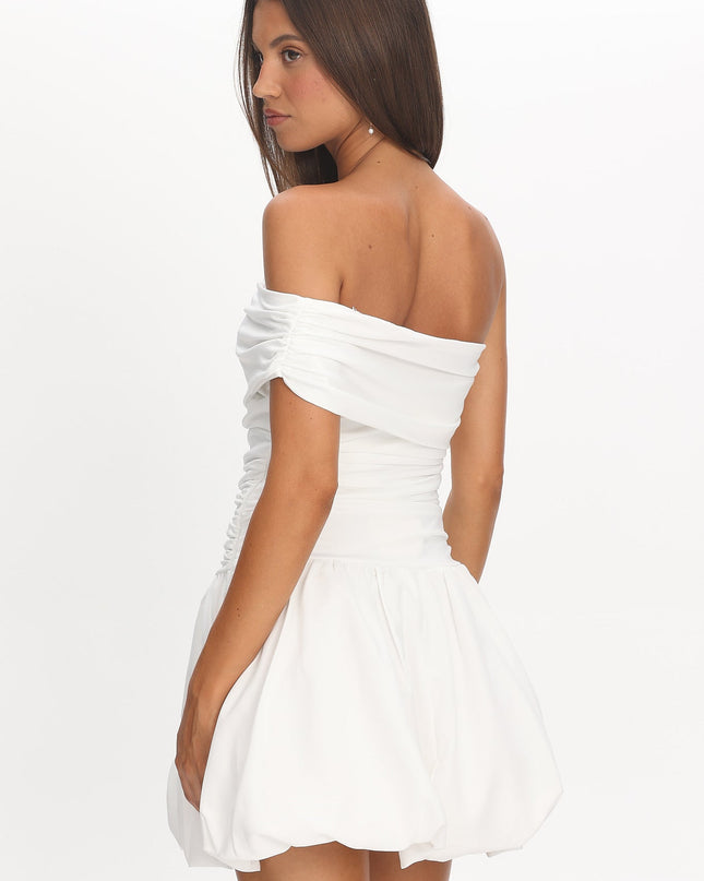 White One-Sleeve Balloon Skirt Mini Dress