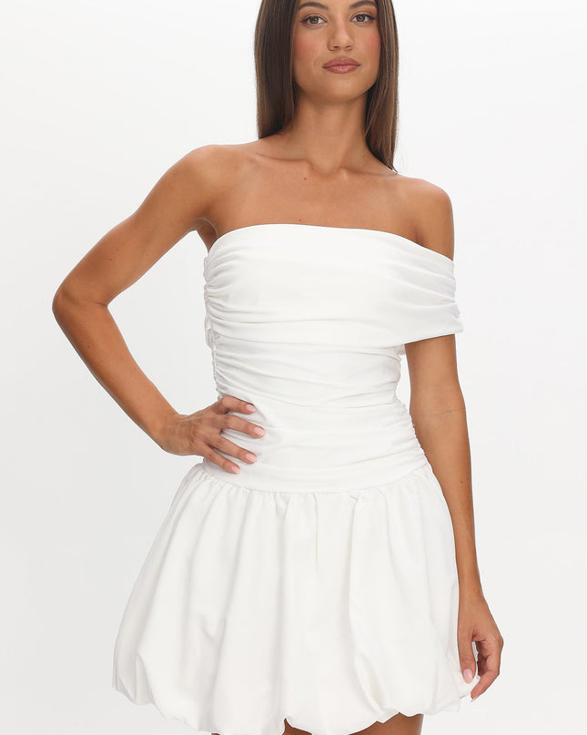 White One-Sleeve Balloon Skirt Mini Dress