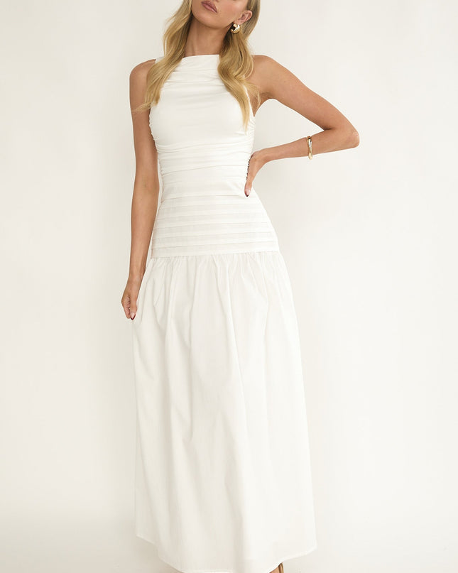 White Sleeveless Pintuck Maxi Dress
