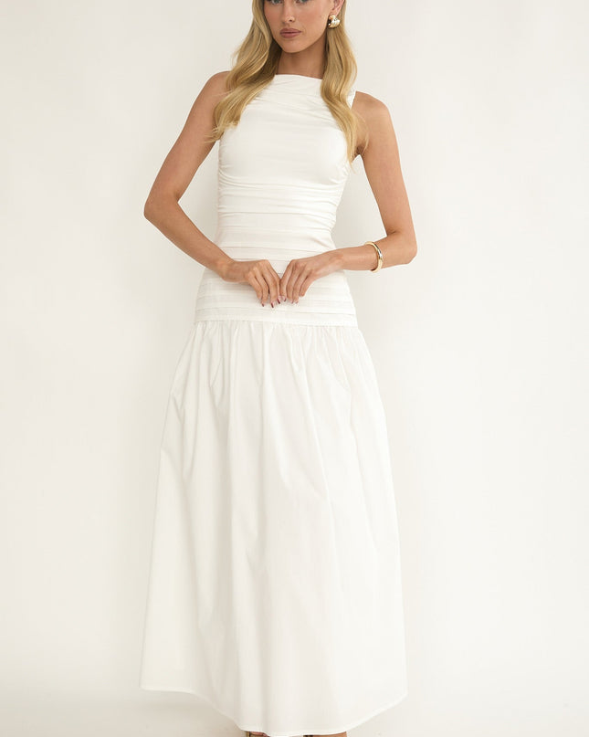 White Sleeveless Pintuck Maxi Dress