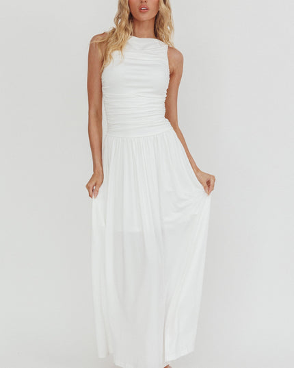 White Sleeveless Ruched Maxi Dress