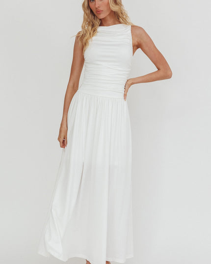 White Sleeveless Ruched Maxi Dress