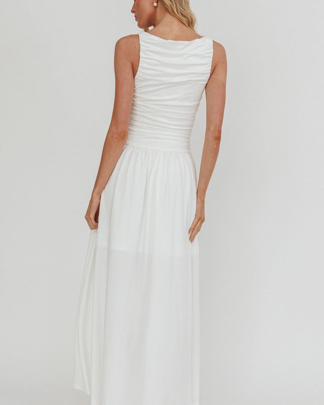White Sleeveless Ruched Maxi Dress