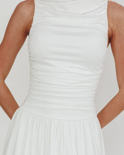 White Sleeveless Ruched Maxi Dress
