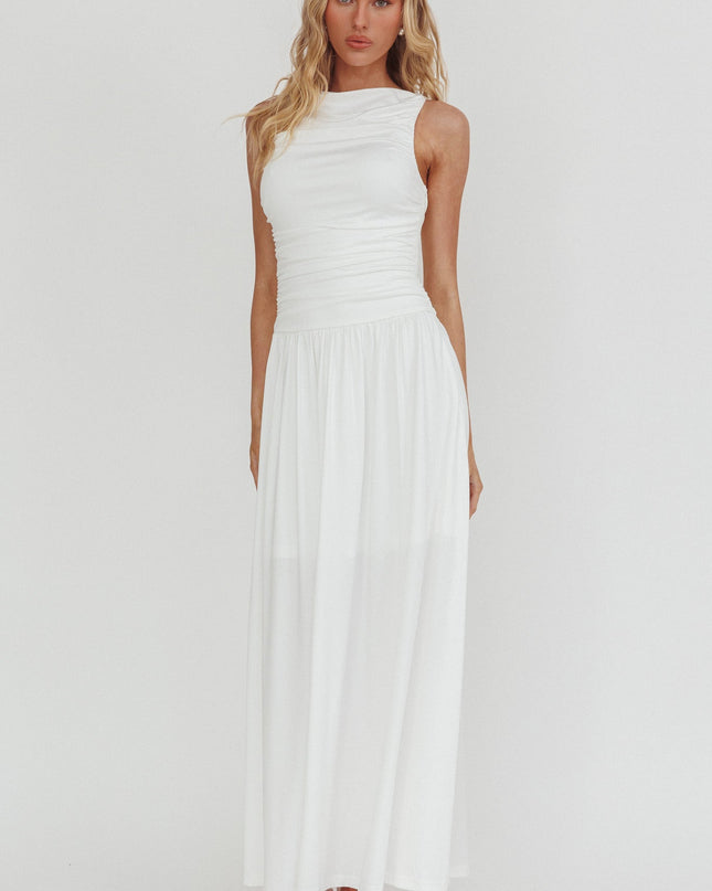 White Sleeveless Ruched Maxi Dress