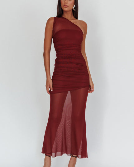 Wine One-Shoulder Sheer Maxi Dress