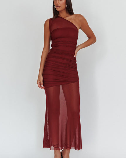 Wine One-Shoulder Sheer Maxi Dress