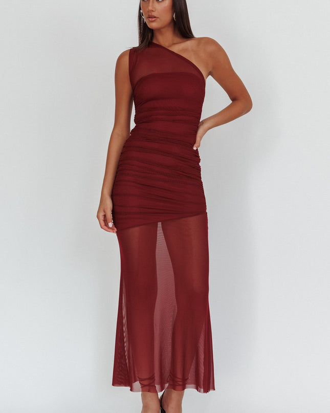 Wine One-Shoulder Sheer Maxi Dress