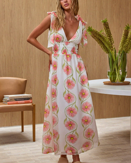 Pink Tied Shoulder Shirred Maxi Dress Floral