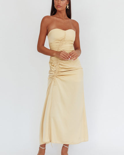 Strapless Ruched Drawstring Maxi Dress Golden