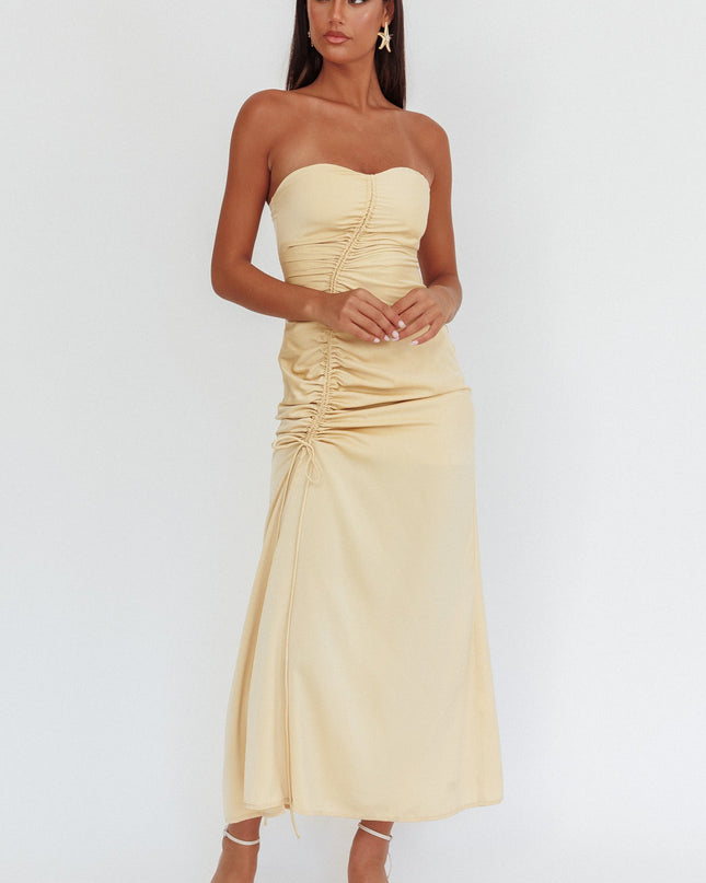Strapless Ruched Drawstring Maxi Dress Golden