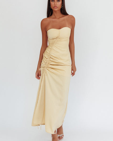 Strapless Ruched Drawstring Maxi Dress Golden
