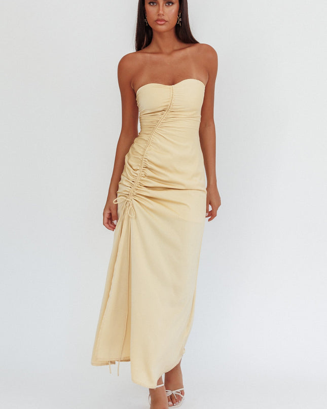 Strapless Ruched Drawstring Maxi Dress Golden