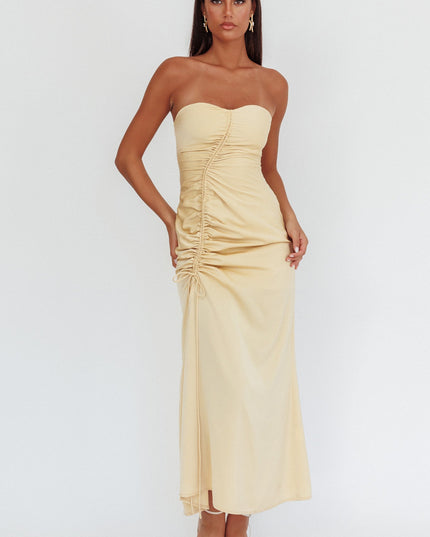 Strapless Ruched Drawstring Maxi Dress Golden