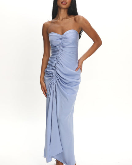 Blue Strapless Ruched Drawstring Maxi Dress