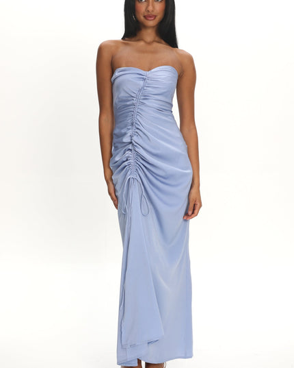 Blue Strapless Ruched Drawstring Maxi Dress