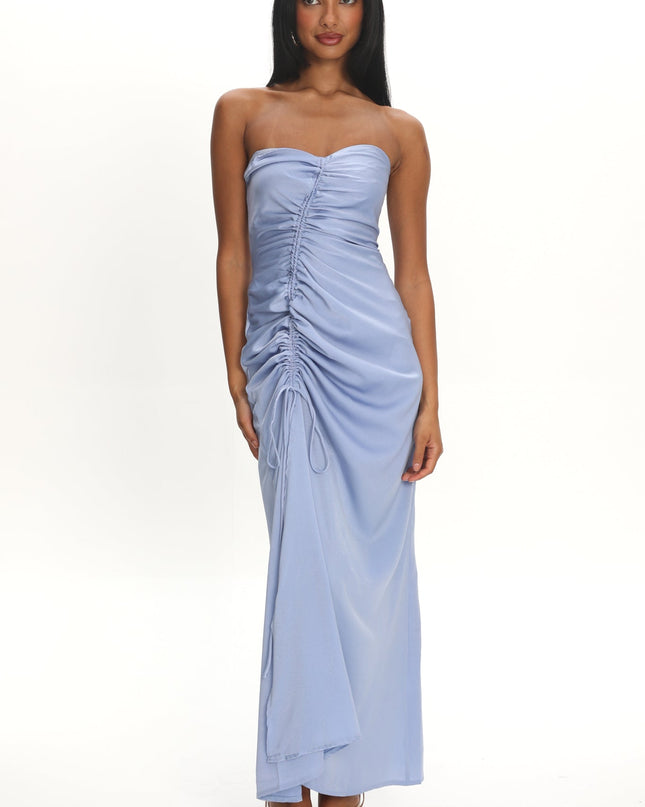Blue Strapless Ruched Drawstring Maxi Dress