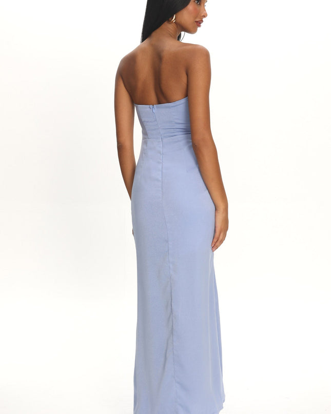 Blue Strapless Ruched Drawstring Maxi Dress