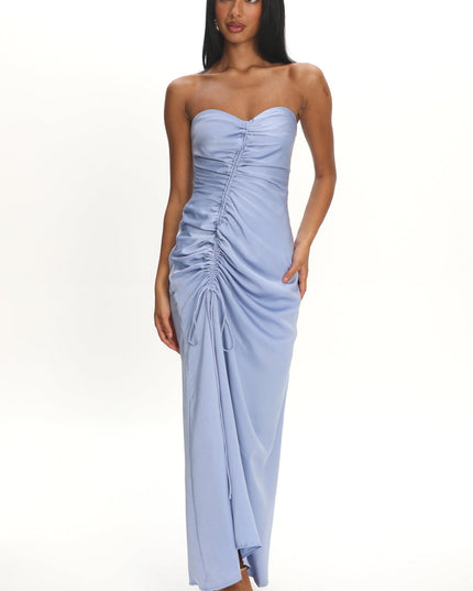 Blue Strapless Ruched Drawstring Maxi Dress