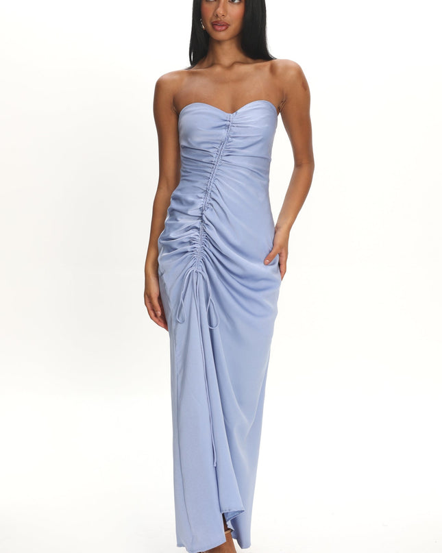 Blue Strapless Ruched Drawstring Maxi Dress