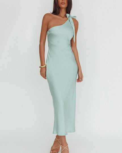 Sage One-Shoulder Bow Maxi Dress