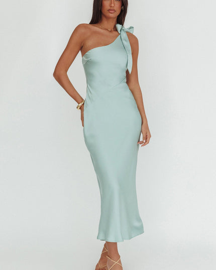 Sage One-Shoulder Bow Maxi Dress
